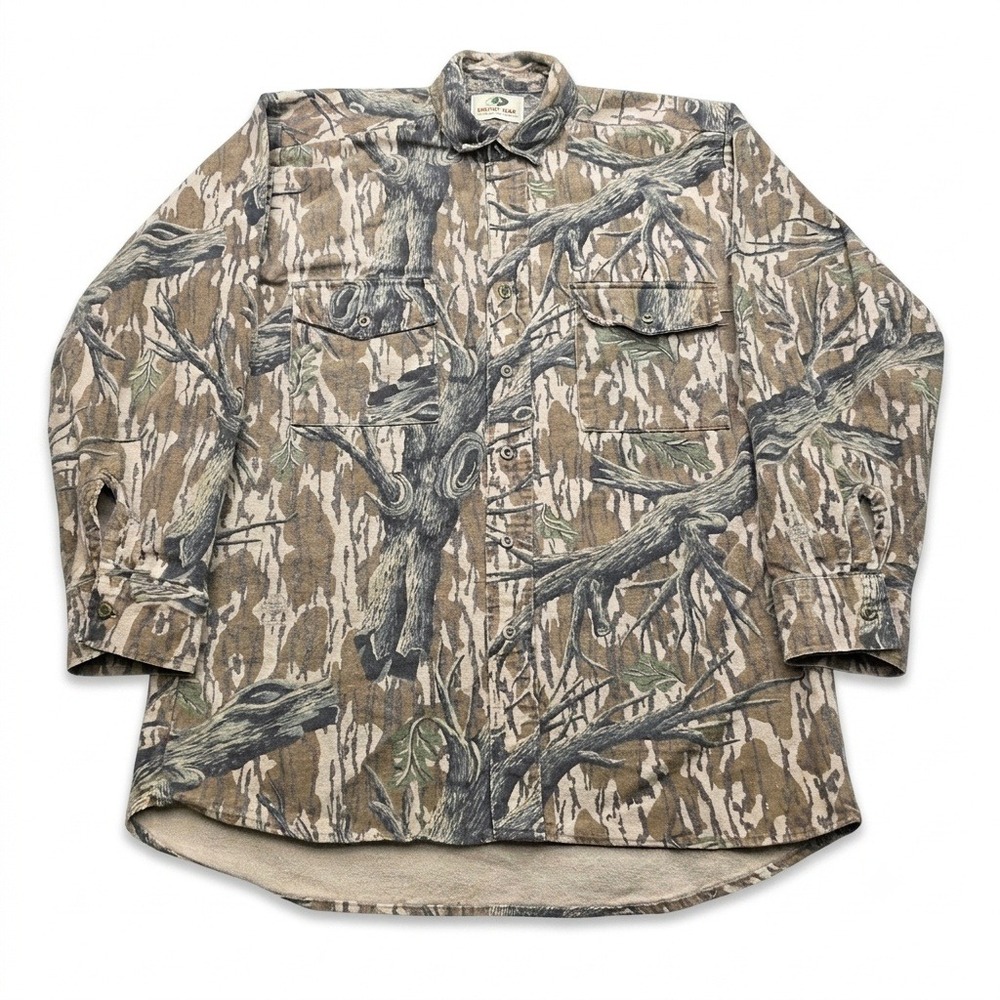 Vintage Mossy Oak Bottomland Camo Shirt Mens XL Cotton Made in USA Hunting Brown